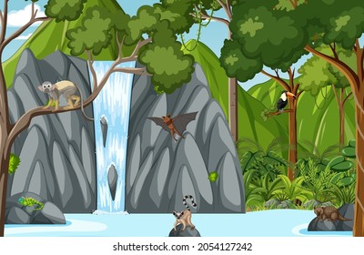 Wildtiere mit Wasserfall in der Waldszene