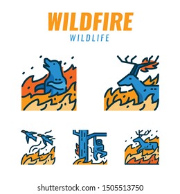 Wild animals with wildfires. Flat design icons. vector illustration