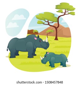 Wild Animals Wildlife in Safari Zoo Park. Couple of Rhinoceros Mother and Little Baby Relaxing and Grazing on Nature Landscape Background with Green Grass and Trees. Cartoon Flat Vector Illustration