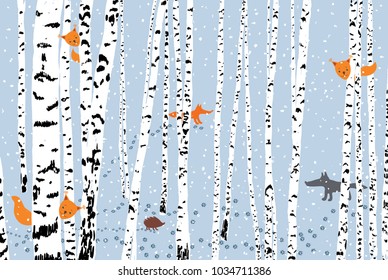 Wild animals in a winter forest