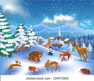 wild animals in a winter landscape