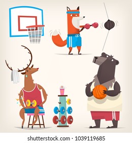 Wild Animals from woods wearing retro t-shirts and shorts doing sports. Vector illustrations