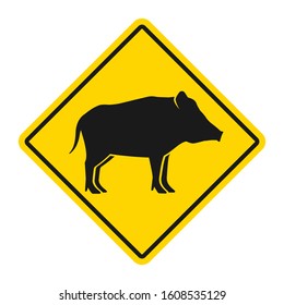 Wild animals yellow rhombus road sign. Silhouette of wild boar