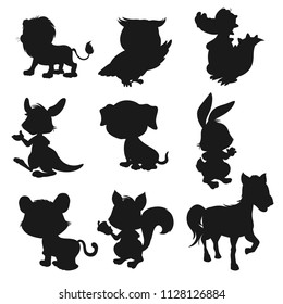 Wild Animals, Zoo Animals, African Animals, Home Pets Silhouette Set of Lion, Owl, Alligator, Kangaroo, Dog, Rabbit, Tiger Cub, Squirrel and Fox. Find the Shadows of Different Animals