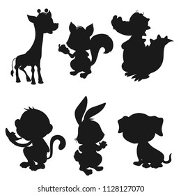 Wild Animals, Zoo Animals, African Animals, Home Pets. Silhouette Set of  Giraffe, Squirrel, Alligator, Monkey, Rabbit, Dog. Find the Shadows of Different Animals