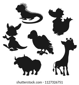 Wild Animals, Zoo Animals, African Animals. Silhouette Set of Alligator, Iguana, Vulture, Yak, Giraffe, Kangaroo. Find the Shadows of Different Animals