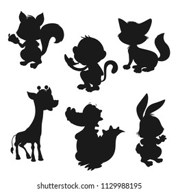 Wild Animals, Zoo Animals, African Animals. Silhouette Set of Squirrel, Fox, Monkey, Giraffe, Rabbit, Alligator. Find the Shadows of Different Animals