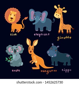 Wild animals zoo characters vector set kangaroo lion hippo giraffe elephant and cute koala