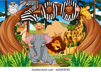 Wild animals at the zoo entrance illustration