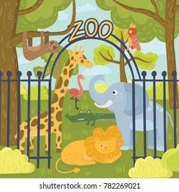 Wild animals in zoo park. Giraffe, elephant, parrot, lion, sloth, koala bear, flamingo, crocodile and tiger. Nature landscape with trees, bushes and fence. Flat vector design.