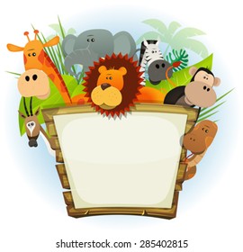 Wild Animals Zoo Wood Sign/
Illustration Of A Cute Cartoon Wild Animals Family From African Savannah, Including Lion, Elephant, Giraffe, Monkey, Snake, Gazelle And Zebra With Jungle Background