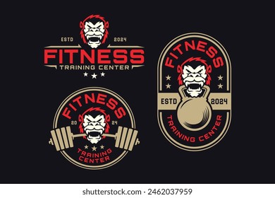 wild ape or kong with barbell, kettlebell logo design for fitness, gym, bodybuilder, weightlifting