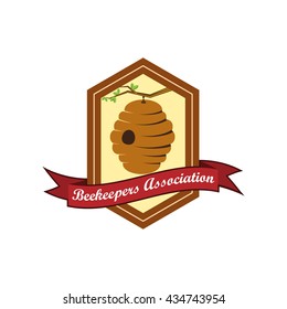 wild apiary logo, beehive badge, beekeeper retro vector flat banner with a ribbon and text