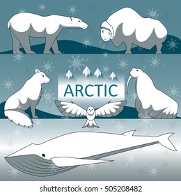 Wild arctic animals on the mountain background