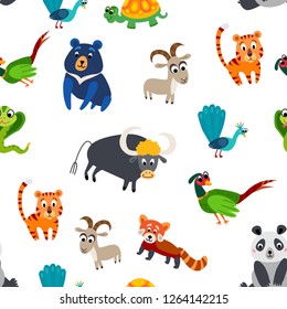 Wild Asia animals seamless pattern. Asian cute drawing animal in flat style isolated on white. Including peacock, panda, Himalayan bear, pheasant, turtle, Mountain goat, red panda, tiger, snake cobra