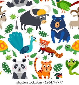 Wild Asia animals seamless pattern. Asian cute drawing animal in flat style isolated on white. Including peacock, panda, Himalayan bear, pheasant, turtle, Mountain goat, red panda, tiger, snake cobra