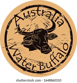 Wild Asian water buffalo silhouette icon round shabby emblem design old retro style. Buffalo profile head. Australian Buffalo Full Breed logo mail stamp on craft paper vintage grunge sign.