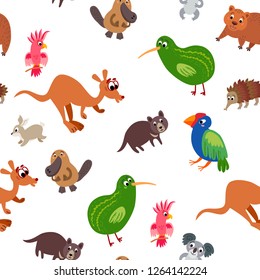 Wild Australia animals seamless pattern. Australian cute drawing animal in flat style isolated on white. Including echidna, cockatoo parrot, Tasmanian devil, wombat, koala, platypus, Kiwi bird,