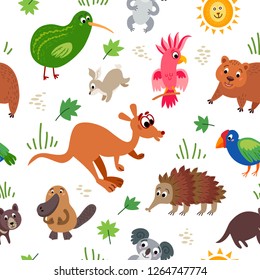 Wild Australia animals seamless pattern. Australian cute drawing animal in flat style isolated on white. Including echidna, cockatoo parrot, Tasmanian devil, wombat, koala, platypus, Kiwi bird,