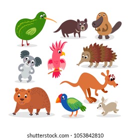 Wild Australia animals set in flat style isolated on white background. Including echidna, cockatoo parrot, Tasmanian devil, wombat, koala, rabbit, platypus, Kiwi bird, takahe, kangaroo