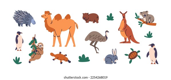 Animales salvajes australianos. Vida silvestre exótica, fauna sur de Australia. Diferentes especies, canguro, koala, camello, avestruz, pereza y pingüino. Ilustraciones vectoriales planas aisladas en fondo blanco