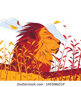 Wild awesome colorful savannah vector illustration. King of beasts sitting in semisavannah basking in the sun. Sleepy Lion dreaming concept. Beautiful natural scene