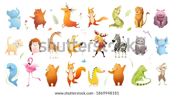 Wild baby animals big clipart collection of\
wildlife illustration. Safari animals and pets for kids design,\
vector cartoon bundle.