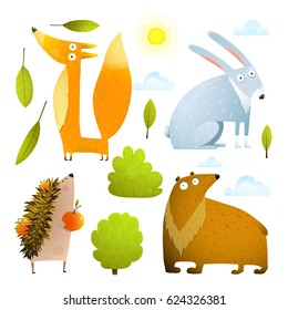 Wild baby animals clip art collection fox rabbit bear hedgehog. Set of animals with nature items, isolated on white background watercolor colorful style. Vector cartoon