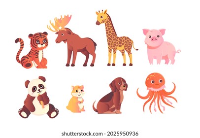 Wild baby animals set. Cute characters inhabitants of forests, jungles and savannas. Stickers for posters, fabric printing and wall decoration. Cartoon flat vector collection on white background