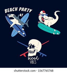 Wild beach party.Surfer dinosaur,shark,skull.Cute character design.Fun t-shirt design for kids.