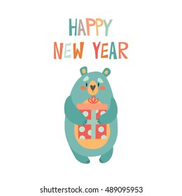 Wild  bear with Christmas gift. Happy  new year design card  template. Vector  illustration.