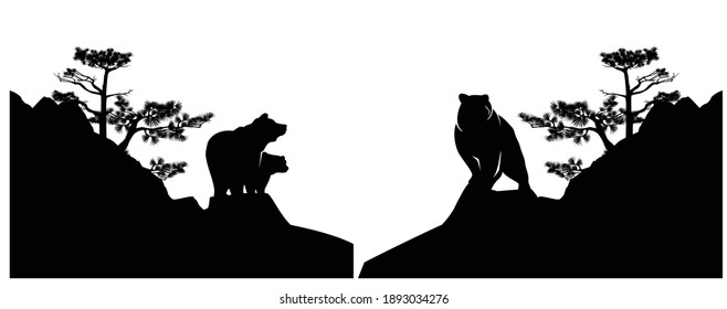 wild bear family standing on pine tree covered rock cliff - black and white vector wildlife silhouette scene