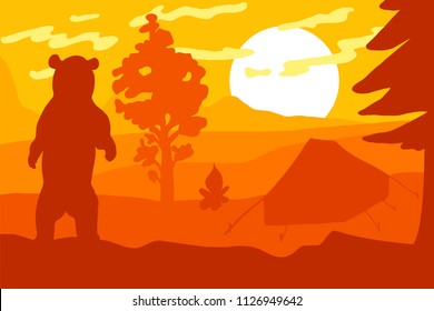 Wild Bear in forest camp. Mountains landscape with tent and campfire. Sunset and sunrise. Yellow and orange panorama. Big sun. Vector