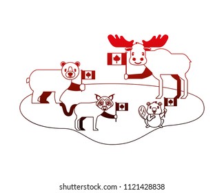 wild bear grizzly and animals with flags canadian