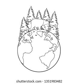 wild bear grizzly with earth planet and forest