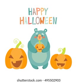 Wild bear with Halloween pumpkins. Halloween design card template. Vector illustration.