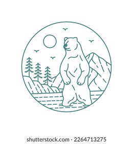 Wild Bear Hunting Fish in River Monoline Design Illustration for Apparel