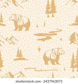 Wild Bear in Mountain Region Vector Seamless Pattern