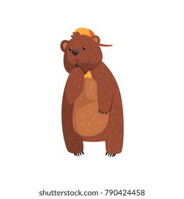 Wild bear with pensive face expression. Cartoon forest animal in cap and bow tie. Grizzly with brown fur, small ears and paws with claws. Flat vector for sticker, print, poster