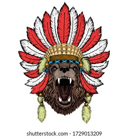 Wild bear. Portrait of animal for emblem, logo, tee shirt. Indian headdress with feathers. Boho style.