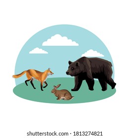oso salvaje con conejo y zorro en el diseño de ilustración de vector de campo
