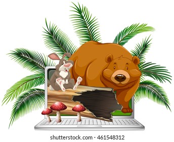 Wild bear and rabbit on computer screen illustration