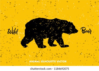 Wild Bear Silhouette with Grunge Textured On Yellow Background. Illustration Vector for Mascot, Symbol or Icon. Can be used for T-shirts Print, Label, Badges, Stickers, Tattoo, Logotype.