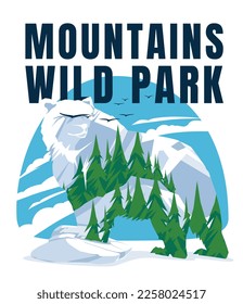 Wild bear silhouette with mountain forest background. Flying birds. Isolated on white background. Fauna of the national park. Vector flat illustration