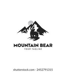 Wild bear silhouette on mountain background. Walking cute bear Logo Design Symbol Template Flat Style Vector Illustration