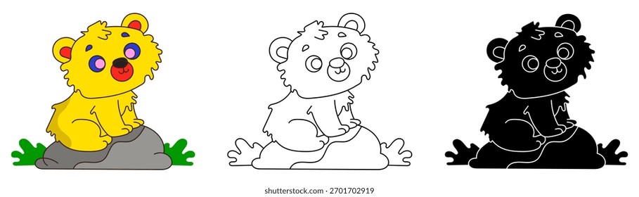 Oso salvaje sentado en la Ilustración vectorial plana de piedra