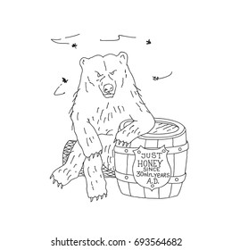 Wild bear sitting on wood log leaning on honey barrel flying bees, hand drawn doodle illustration, coloring page, caricature