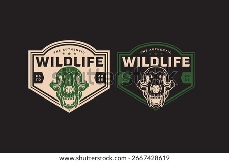 Wild bear skull animal retro badge logo vector design set for adventure and outdoor. Hunting wildlife vintage emblem logo graphic collections. Authentic animal skull illustration label element designs