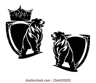 wild bear standing by heraldic shield with king crown decor - royal coat of arms black and white vector design set