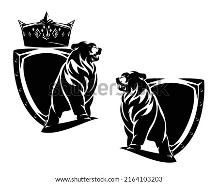 wild bear standing by heraldic shield with king crown decor - royal coat of arms black and white vector design set